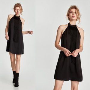 Zara Black Fringe Collar Mini A-Dress